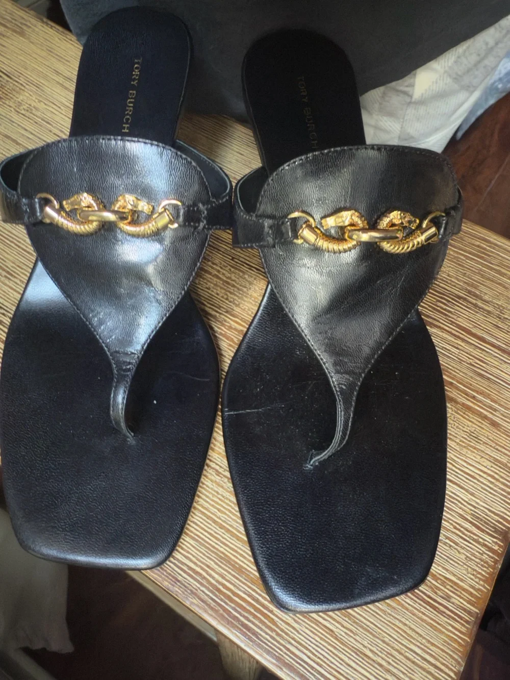 Tory Burch Black Leather Thong Sandals with Gold Chain Detail